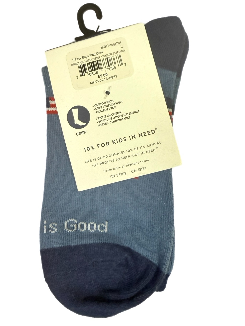 Life is Good Boys Flag Crew Socks 2 Pair Lot Large Shoe 13-4 NWT - Picture 2 of 3